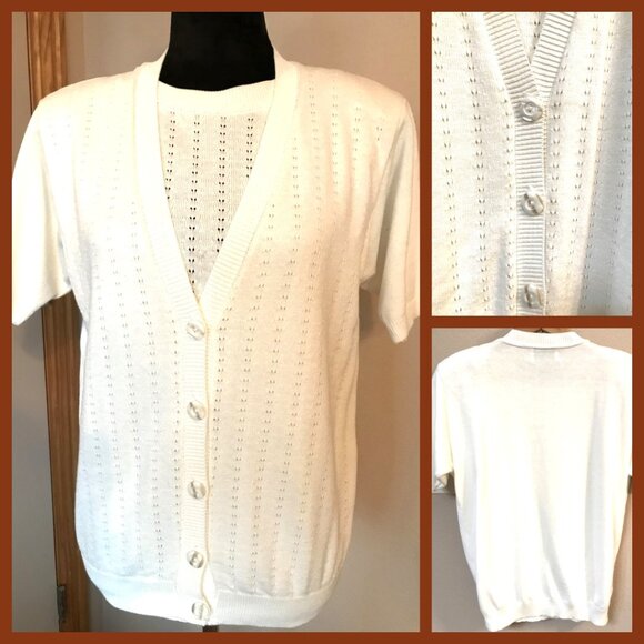 Alfred Dunner Pullover Sweater Vest: Vintage 80s Short Sleeved Cream Top, Size S - Picture 9 of 9